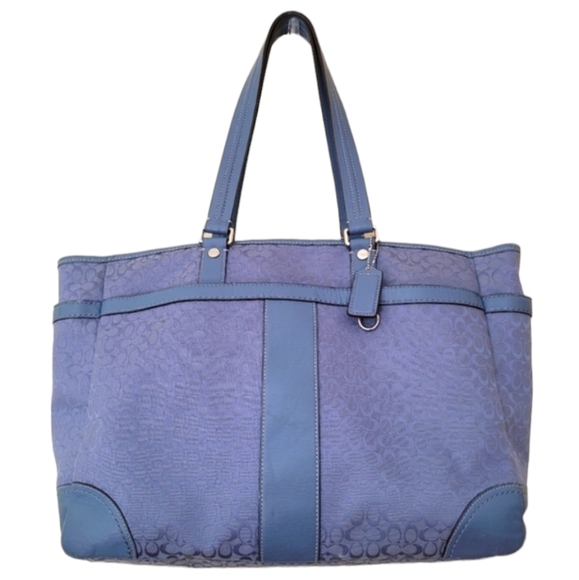 COACH | SIGNATURE CANVAS BLUE LEATHER  DIAPER BAG - Picture 1 of 15